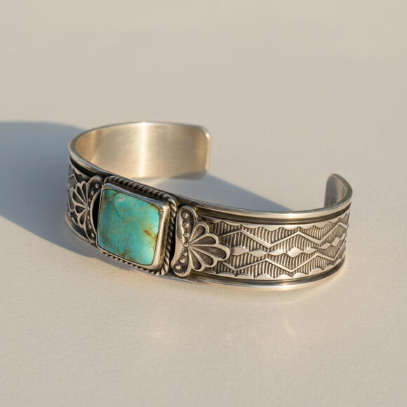Native American Jewelry - Navajo artist Sunshine Reeves Pilot Mountain Turquoise Sterling Silver Cuff 33g